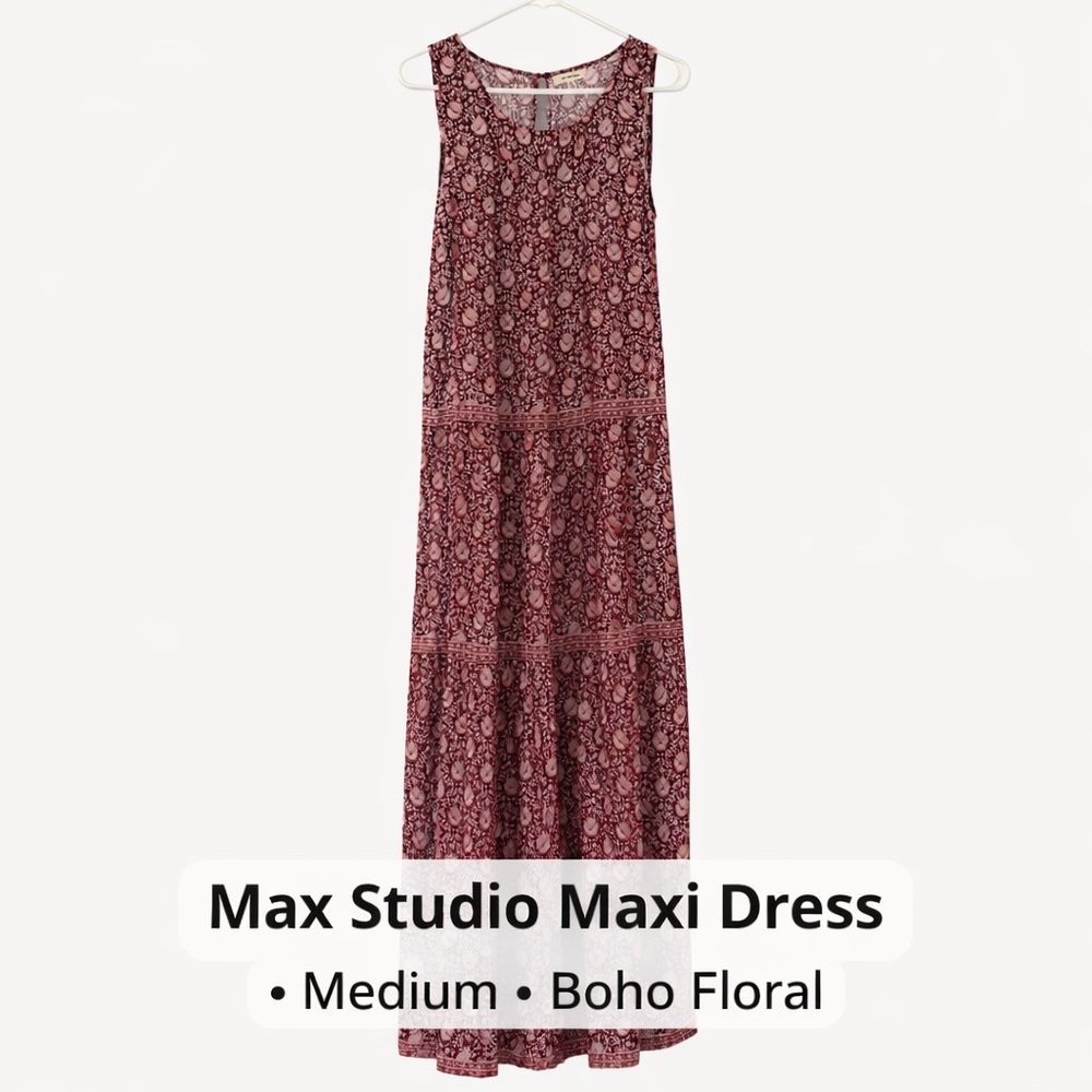 Max Studio Sleeveless Floral Boho Peasant Maxi Dress Pockets Medium Red & White - Picture 14 of 14